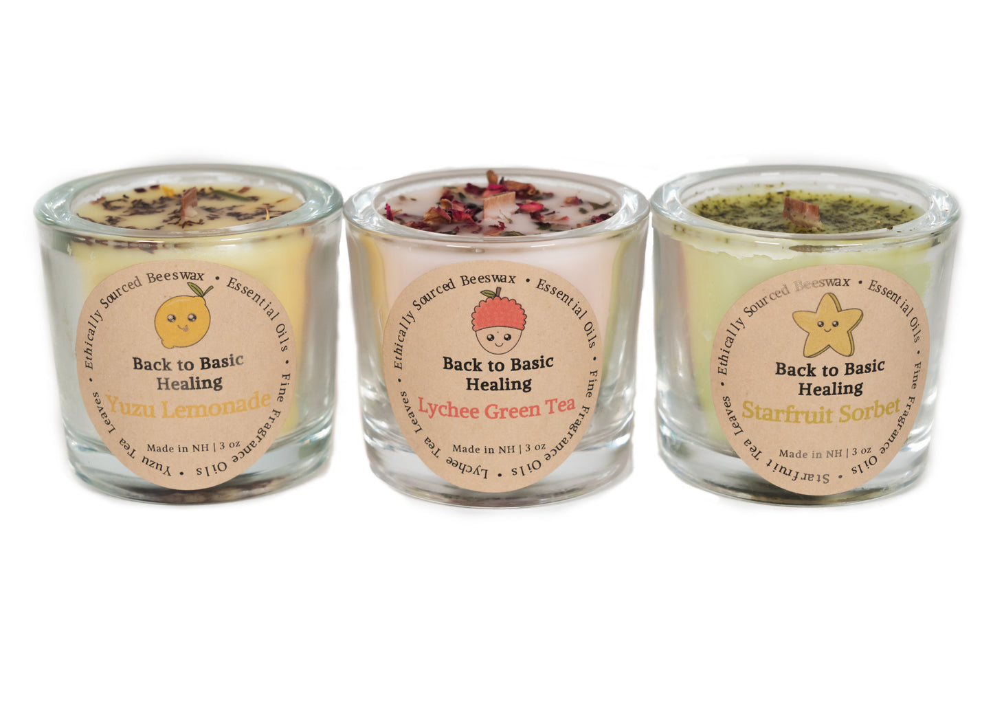 Fruit Tea Mini Beeswax Candle Set (Yuzu Lemonade, Lychee Green Tea, & Starfruit Sorbet)